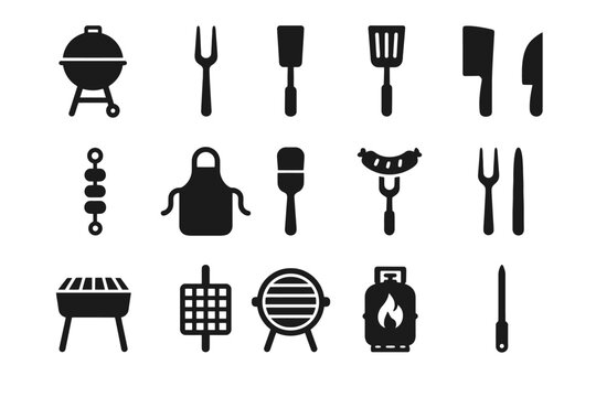 Barbecue grill and utensil icons set for outdoor cooking