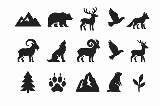Silhouette icons of wild animals and nature elements