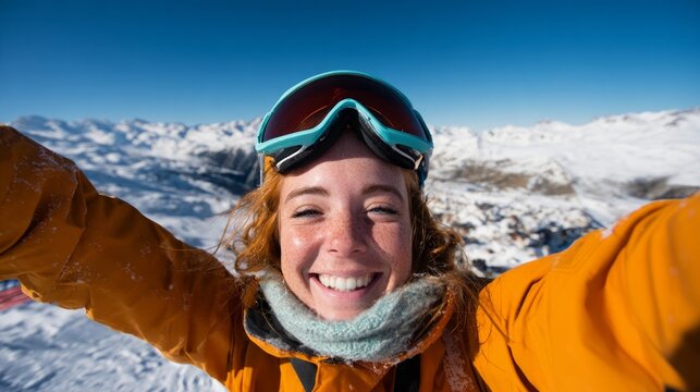Woman skiing in snowy mountain landscape.