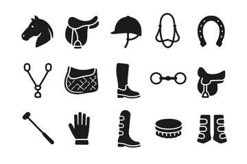 Silhouette icons of equestrian gear and accessories collection