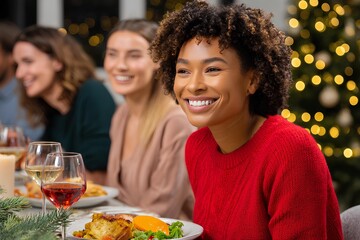 A happy group of diverse friends enjoys a Christmas meal together, surrounded by warm lights and a lively, cheerful holiday setting.
