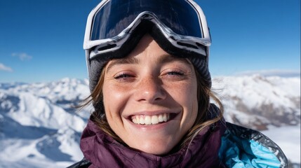 Woman snowboarding in mountainous area.