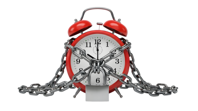 Red alarm clock wrapped in chains represents time management issues and deadlines