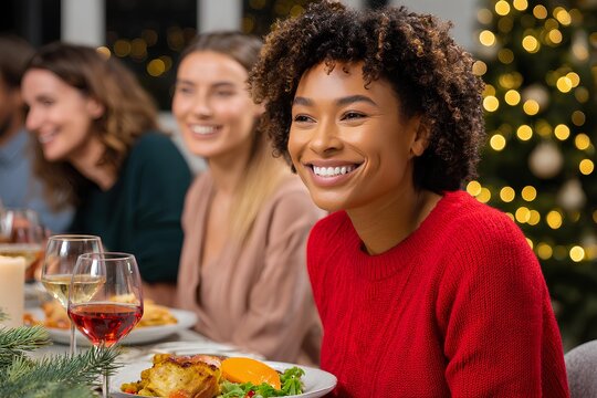 A happy group of diverse friends enjoys a Christmas meal together, surrounded by warm lights and a lively, cheerful holiday setting.