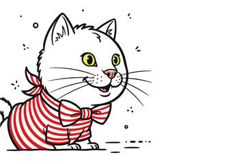 Cartoon white cat, striped outfit, cheerful expression, bow tie, playful design, children’s art, whimsical character, greeting card illustration