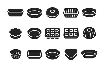 Collection of various silhouetted baking pan icons in black and white