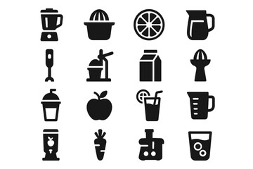 Collection of kitchen appliance and drink icons for juice and beverage preparation