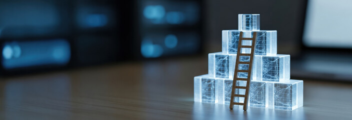Fototapeta premium Ladder of progress showing business growth through search engine optimization strategy. Ambition and determination fuel climb up digital blocks for successful future