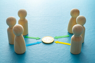 Concept of negotiation and agreement. Two opposing figures orient their intentions toward a single shared value.
