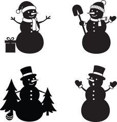 Set of 4 Snowman Silhouettes Vector Icons: Cute Winter Character Bundle, Christmas Holiday Graphic