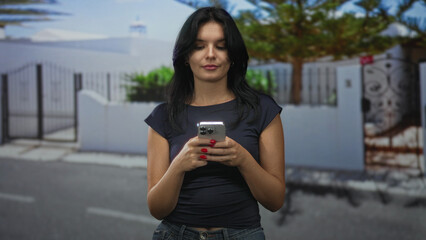 Young woman holding silver triple lens smartphone and scrolling through messages on a quiet street in daylight; digital connection focus.