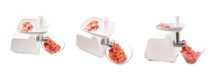 Electric meat grinder processing raw pork into minced meat, filling a glass bowl, isolated on transparent background.
