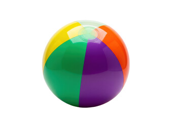 High-gloss pvc beach ball with six vivid segments (neon orange, emerald green, deep violet), perfectly inflated, captured in a sharp medium close-up product studio shot against a transparent