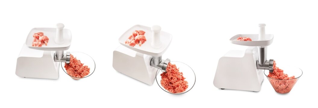 Electric meat grinder processing raw pork into minced meat, filling a glass bowl, isolated on transparent background.
