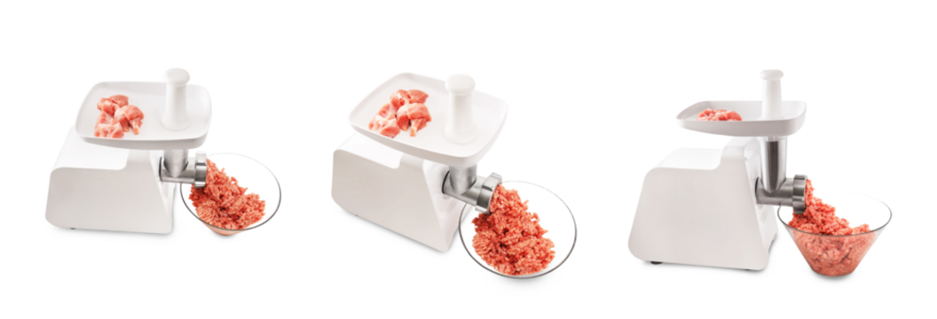 Electric meat grinder processing raw pork into minced meat, filling a glass bowl, isolated on transparent background.