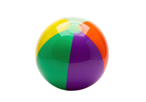 High-gloss pvc beach ball with six vivid segments (neon orange, emerald green, deep violet), perfectly inflated, captured in a sharp medium close-up product studio shot against a transparent