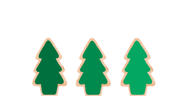 Minimal festive composition of three stylized green Christmas trees with smooth silhouette and soft beige border, centered on a transparent background with copy space for holiday text or design elemen