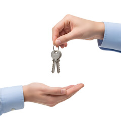 Hand passing two silver keys on a ring to an open palm image