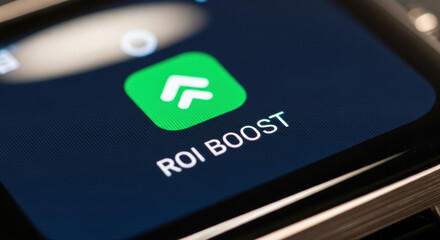 Positive view of an ROI boost app on smartphone screen showing financial growth. Good search engine optimization for business investment brings success and profit
