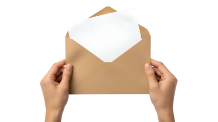 Hands holding open brown paper envelope with blank white paper image