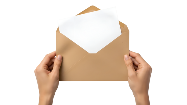 Hands holding open brown paper envelope with blank white paper image