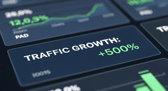 Business dashboard showing successful search engine optimization and impressive traffic growth. digital data analysis on screen highlights positive marketing performance