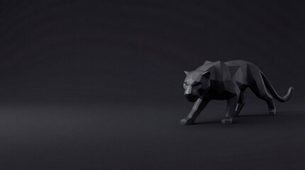 Obraz premium Geometric Black Panther Sculpture With Polygon Design Prowls Against a Dark, Solid Color Background in Studio Lighting