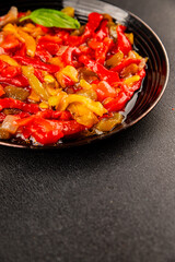 Roasted pepper salad vegetables dish natural product tasty snack fresh delicious gourmet food background on the table rustic top view copy space keto and paleo diet vegan and vegan food