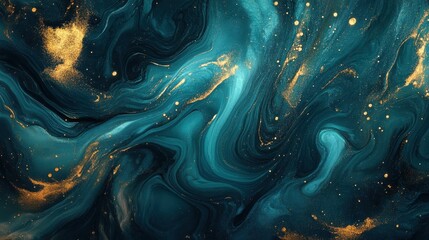 Abstract fluid art background with shimmering gold glitter and swirling teal and deep blue liquid, creating a luxurious and dynamic texture