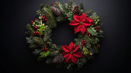 Festive christmas wreath with red poinsettias, pinecones, and berries on a dark background, evoking holiday spirit and winter celebrations