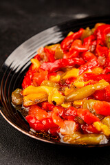 Roasted pepper salad vegetables dish natural product tasty snack fresh delicious gourmet food background on the table rustic top view copy space keto and paleo diet vegan and vegan food