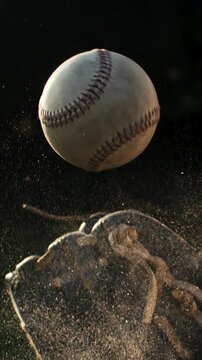 Super slow motion vertical shot of baseball player practice with ball during workout before competition game match on baseball stadium on sunset at 1000 fps.