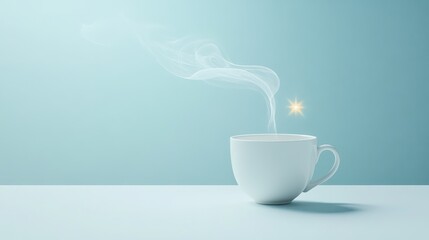 A minimalist shot of a steaming white ceramic cup, emitting a delicate plume of vapor with a subtle glowing star, set against a serene light blue