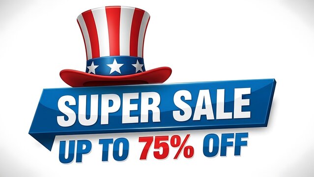 Patriotic Super Sale Event with Uncle Sam Hat and 75 Percent Off Discount Offer a Bold Announcement of Savings for National Holidays or Special Promotions - Powered by Adobe