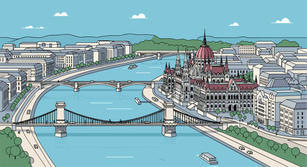 Linear cityscape of budapest with bridges and river in detailed architectural style