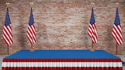 Patriotic Scene with American Flags and Brick Wall Backdrop Ideal for Political Events and Civic Presentations Featuring a Blue Table with Red and White Decorative Skirt for Campaign Rallies
