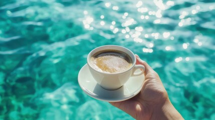 A hand holds a white cup of coffee with foam, set against the vibrant, sparkling turquoise ocean on a sunny day, symbolizing relaxation