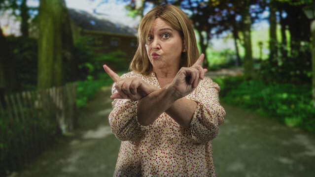 Middle age woman points index fingers while crossing forearms into an x gesture on a forest path beside a wooden fence and house; warning boundary.