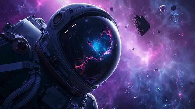 Calm space traveler surveys radiant nebula amidst drifting space