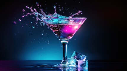 Vibrant cocktail splashing in a martini glass, illuminated by neon pink and blue lights, with ice cubes on a dark, reflective surface