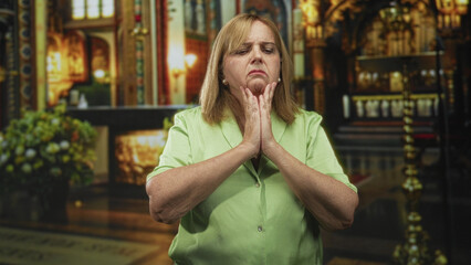 Woman in green blouse pressing cheeks with both hands and touching chin, frowning amid altar candles and flowers in an ornate church building; concern prayer.