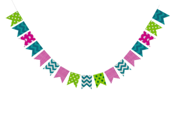 a colorful garland of traditional brazilian festa junina flags (bandeirinhas) featuring saturated geometric patterns, isolated on a transparent background with copy space. brazilian holiday