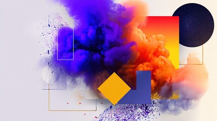 Abstract smoke explosion with layered geometric shapes in minimal spatial backdrop. AI Generated Abstract Spatial Visual: Immersive Props for Desktop Wallpaper, Backgrounds and Spatial Installations.