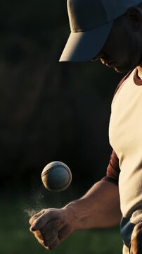 Super slow motion vertical shot of baseball player practice with ball during workout before competition game match on baseball stadium on sunset at 1000 fps.