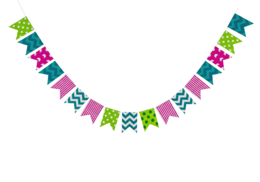 a colorful garland of traditional brazilian festa junina flags (bandeirinhas) featuring saturated geometric patterns, isolated on a transparent background with copy space. brazilian holiday