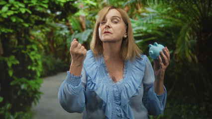 Middle aged woman holds blue piggy bank and clenches fist on forest path; frugality determination...