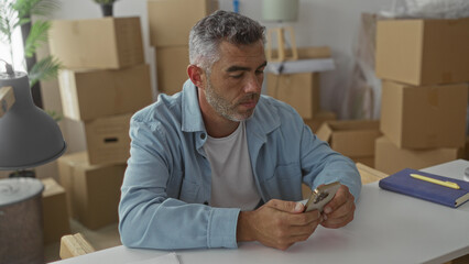 Man holding smartphone with both hands at table, scrolling in new home building surrounded by...