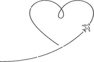 Airplane flying with heart shaped dotted line trail, romantic travel concept vector illustration for honeymoon or vacation.