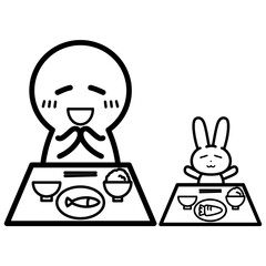 ぬいぐるみと並んで食事をする人物　イラスト