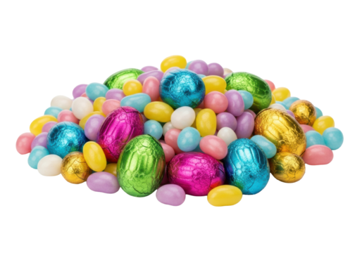 A vibrant pile of glossy pastel jelly beans and crinkled metallic foil easter chocolate eggs, sharp macro close-up on a bright white background with copy space. Concept for easter confectionery